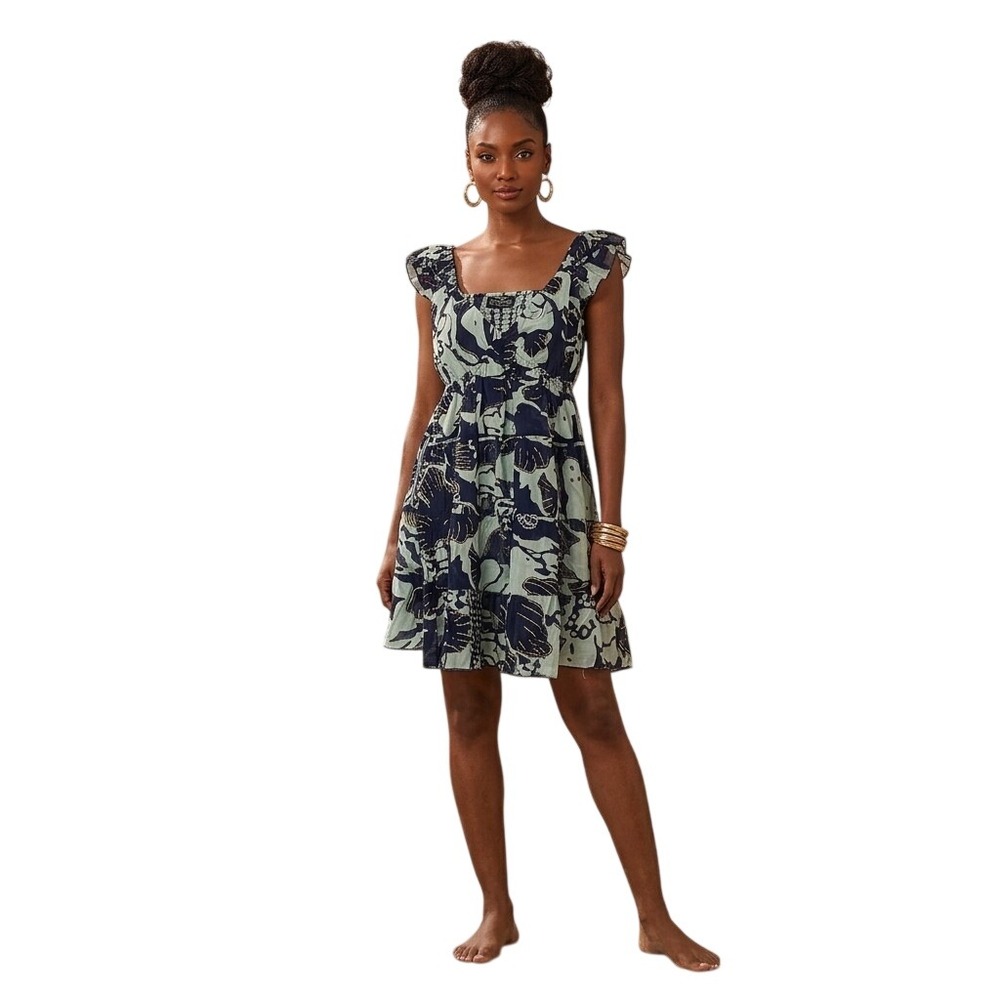 Nazila Couture sz XS/S Silk Viscose Mini Dress Navy Gold Smocked Tiered NEW